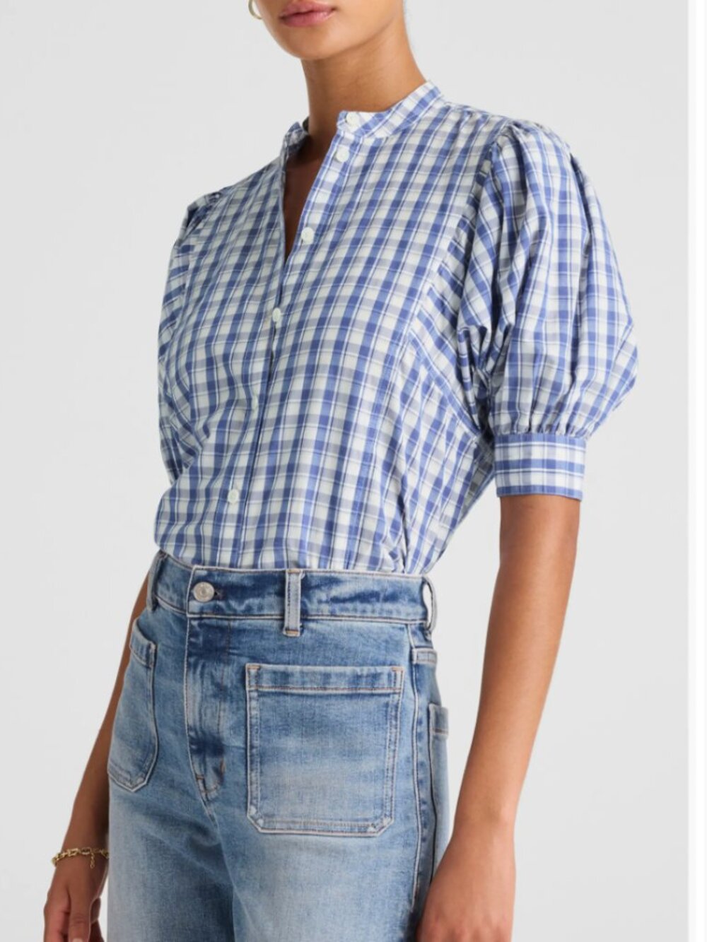 NWOT Madewell Plaid Puff Sleeve Checkered Blue White Band Collar Shirt Size 0 XS